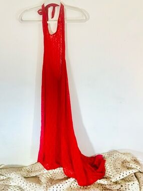 VTG Victoria’s Secret Red Stretch Lace Halter Maxi Cover Up High Low S Y2K Sexy